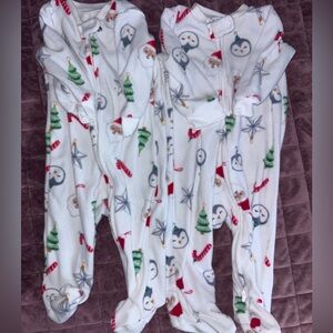 Old Navy White Holiday Penguin & Tree Fleece Footed One-Piece